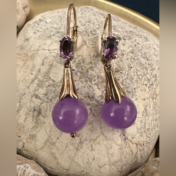 Lavender Jade and AmethystSetnin Sterling with Gold Overlay Earrings - Picture 1 of 6